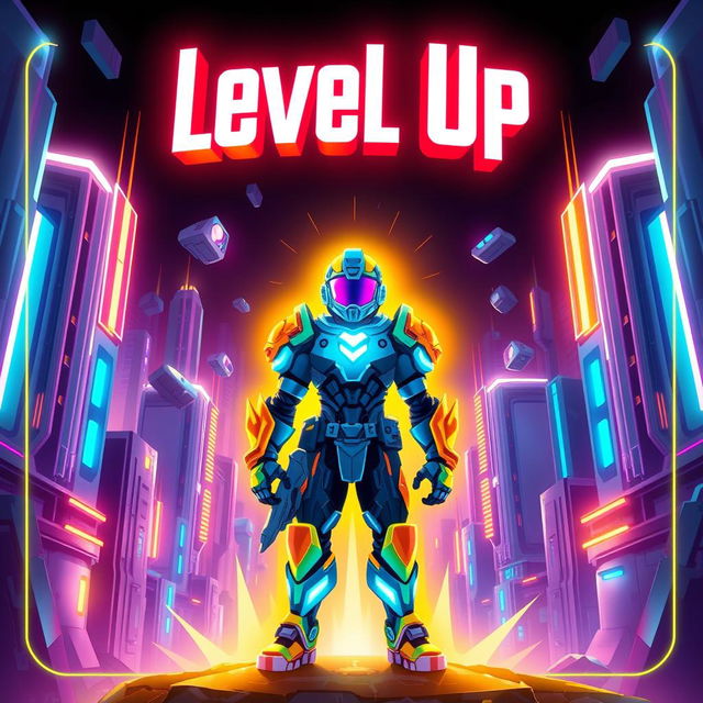 A dynamic and vibrant cover artwork for a video game titled 'Level Up'