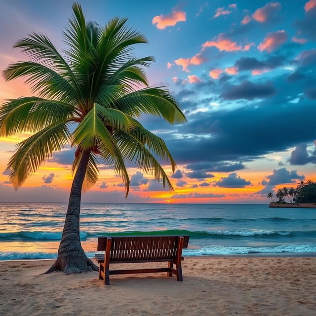 A picturesque scene featuring a tall, lush coconut tree with vibrant green leaves standing on a sandy beach, providing shade to a rustic wooden bench positioned beneath it