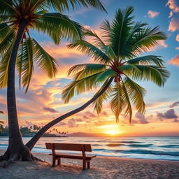 A picturesque scene featuring a tall, lush coconut tree with vibrant green leaves standing on a sandy beach, providing shade to a rustic wooden bench positioned beneath it