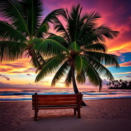 A picturesque scene featuring a tall, lush coconut tree with vibrant green leaves standing on a sandy beach, providing shade to a rustic wooden bench positioned beneath it