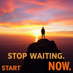A solitary figure standing on the edge of a rugged cliff at dawn, silhouetted against a breathtaking sunrise