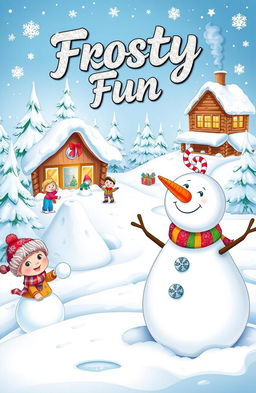 A beautifully illustrated cover for a Christmas coloring book titled 'Frosty Fun'