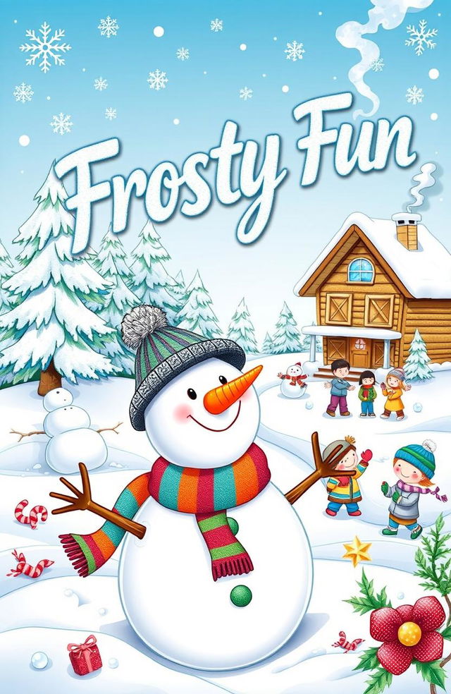 A beautifully illustrated cover for a Christmas coloring book titled 'Frosty Fun'
