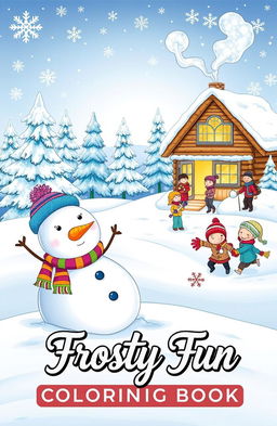 A beautifully illustrated cover for a Christmas coloring book titled 'Frosty Fun'