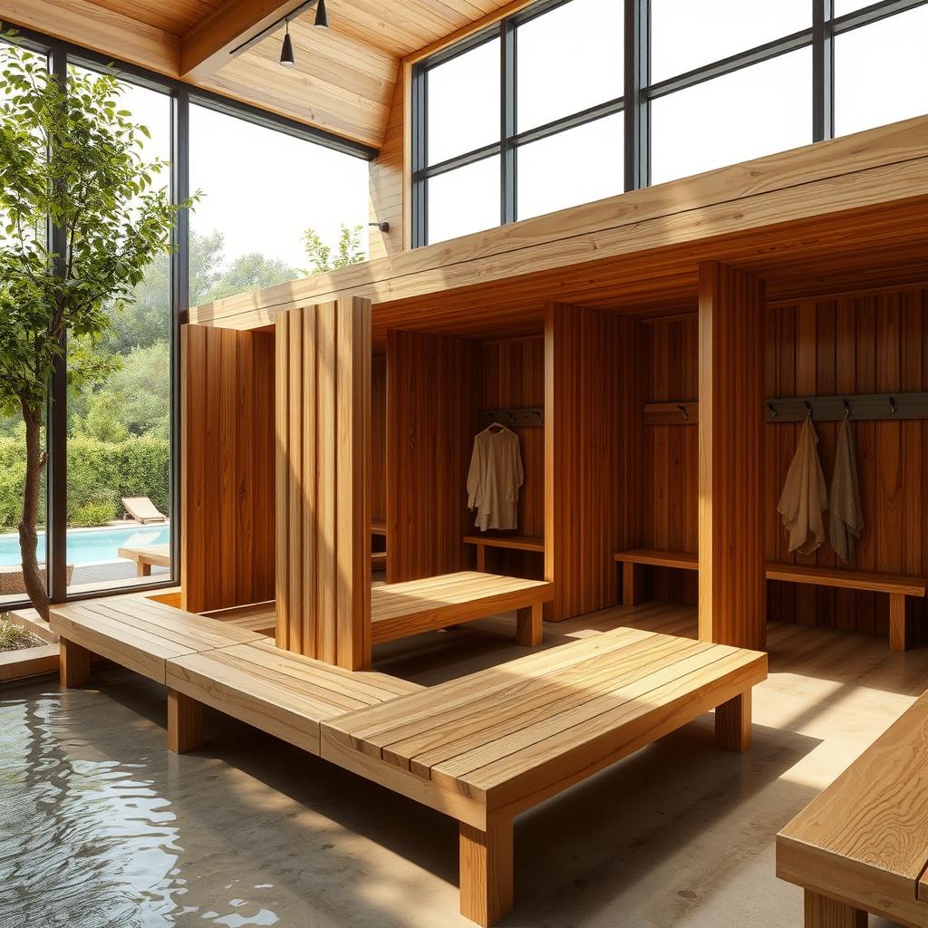 Wooden-style changing rooms designed for a public swimming pool, featuring natural wood finishes, spacious interiors with benches, hooks for hanging clothes, and privacy partitions