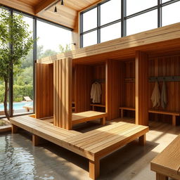 Wooden-style changing rooms designed for a public swimming pool, featuring natural wood finishes, spacious interiors with benches, hooks for hanging clothes, and privacy partitions