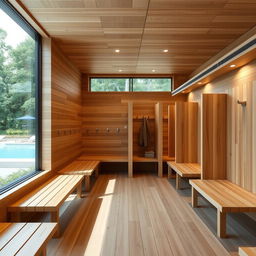 Wooden-style changing rooms designed for a public swimming pool, featuring natural wood finishes, spacious interiors with benches, hooks for hanging clothes, and privacy partitions
