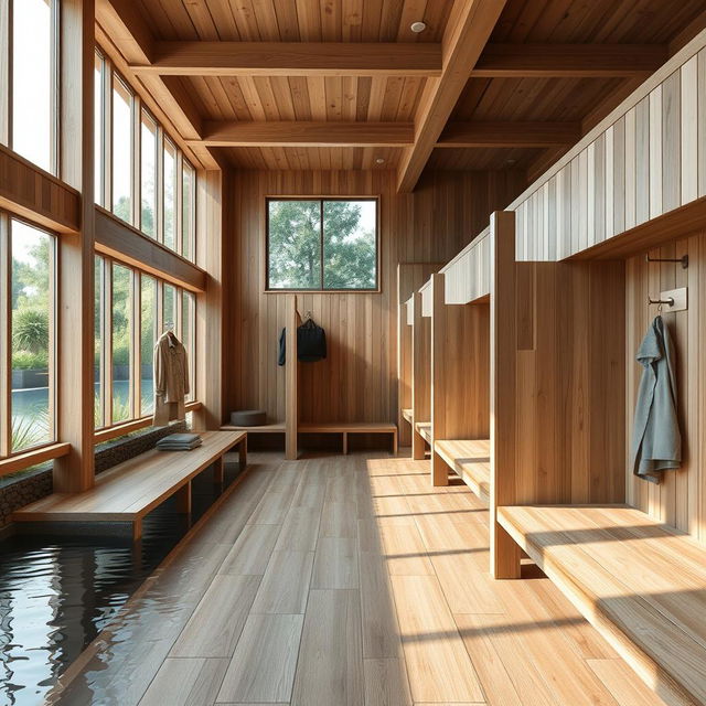 Wooden-style changing rooms designed for a public swimming pool, featuring natural wood finishes, spacious interiors with benches, hooks for hanging clothes, and privacy partitions