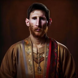 Generate an image of Lionel Messi imagined as being born and raised in Central Asia, with traditional attire, features and background reflecting regional aesthetics