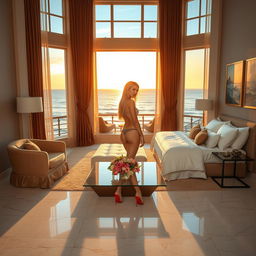 A young woman with radiant blonde hair stands at the center of a sumptuous hotel room