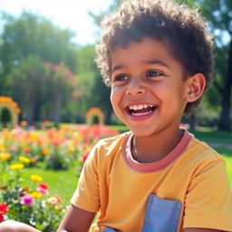 A young boy with curly hair, smiling and engaging in an animated conversation