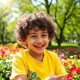 A young boy with curly hair, smiling and engaging in an animated conversation