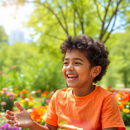 A young boy with curly hair, smiling and engaging in an animated conversation