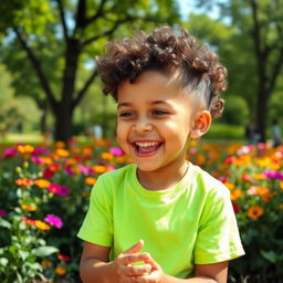 A young boy with curly hair, smiling and engaging in an animated conversation