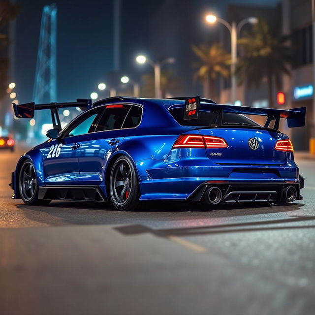 A stunning blue widebody VW Passat R36 drift car, showcasing a sleek and aggressive stance