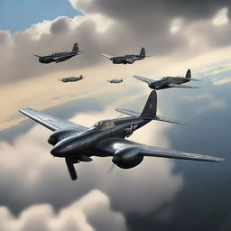 A high-definition digital art image of a P-38 Lightning aircraft intercepting a HE-111 bomber, portrayed in a realistic style