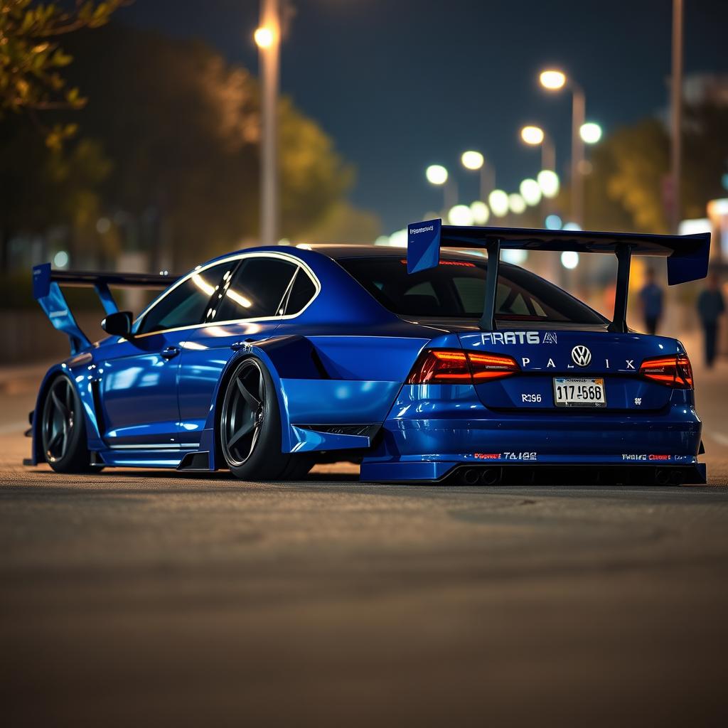 A stunning blue widebody VW Passat R36 drift car, showcasing a sleek and aggressive stance