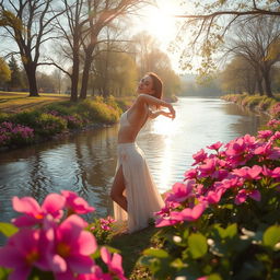 A beautiful and serene landscape featuring a peaceful river with vivid flowers surrounding the banks