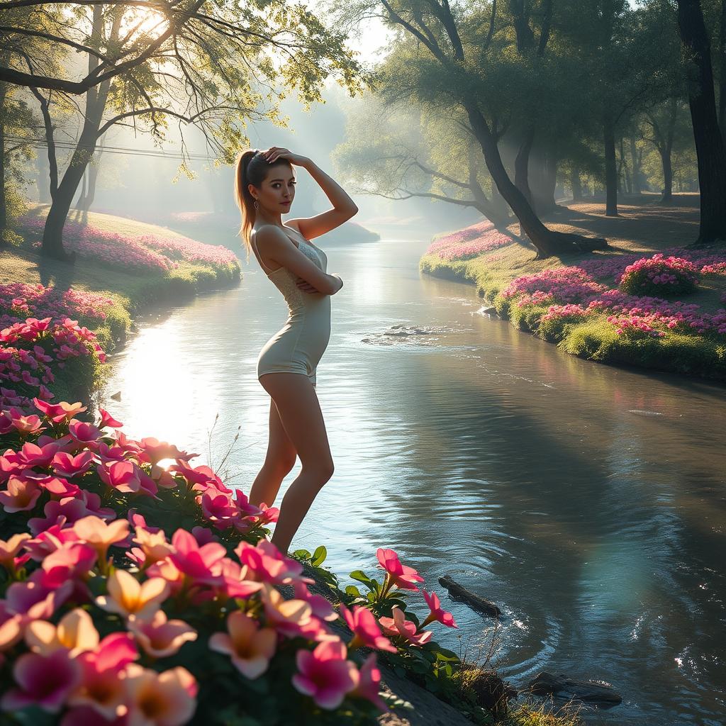 A beautiful and serene landscape featuring a peaceful river with vivid flowers surrounding the banks