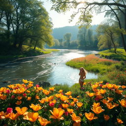 A beautiful and serene landscape featuring a peaceful river with vivid flowers surrounding the banks