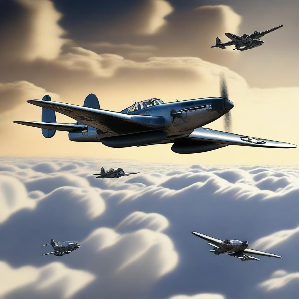 A high-definition digital art image of a P-38 Lightning aircraft intercepting a HE-111 bomber, portrayed in a realistic style