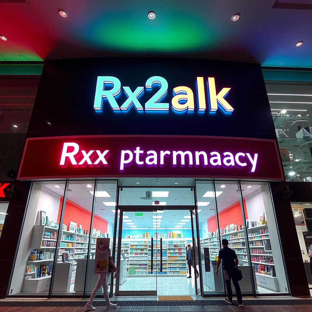 A large pharmacy named 'Rx2alk Pharmacy', featuring eye-catching lighting and modern architecture