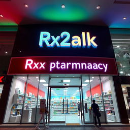 A large pharmacy named 'Rx2alk Pharmacy', featuring eye-catching lighting and modern architecture