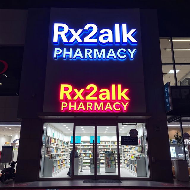 A large pharmacy named 'Rx2alk Pharmacy', featuring eye-catching lighting and modern architecture