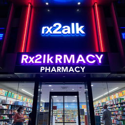 A large pharmacy named 'Rx2alk Pharmacy', featuring eye-catching lighting and modern architecture