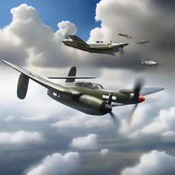 A high-definition digital art image of a P-38 Lightning aircraft intercepting a HE-111 bomber, portrayed in a realistic style