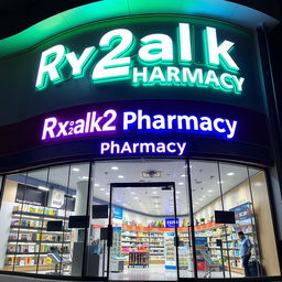 A large pharmacy named 'Rx2alk Pharmacy', featuring eye-catching lighting and modern architecture