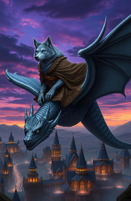 An anthropomorphic grey wolf with striking blue eyes, dressed in a flowing, ornate robe, confidently riding on the back of a large, majestic grey dragon