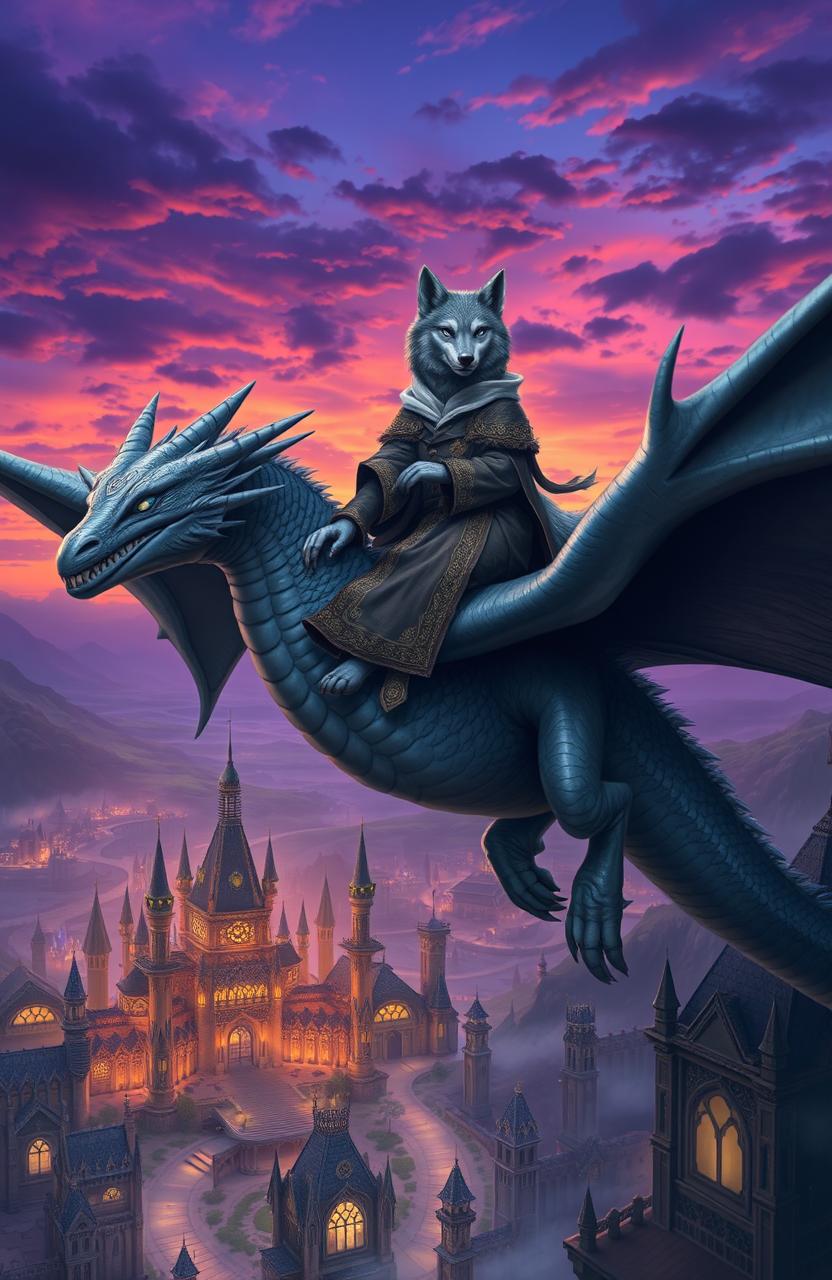An anthropomorphic grey wolf with striking blue eyes, dressed in a flowing, ornate robe, confidently riding on the back of a large, majestic grey dragon