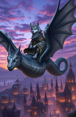 An anthropomorphic grey wolf with striking blue eyes, dressed in a flowing, ornate robe, confidently riding on the back of a large, majestic grey dragon