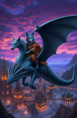An anthropomorphic grey wolf with striking blue eyes, dressed in a flowing, ornate robe, confidently riding on the back of a large, majestic grey dragon