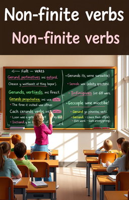 Non-finite verbs, including gerunds, infinitives, and participles, illustrated with clear examples in a grammar-focused educational setting