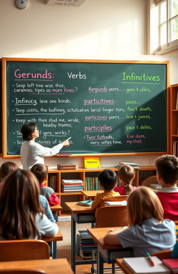 Non-finite verbs, including gerunds, infinitives, and participles, illustrated with clear examples in a grammar-focused educational setting