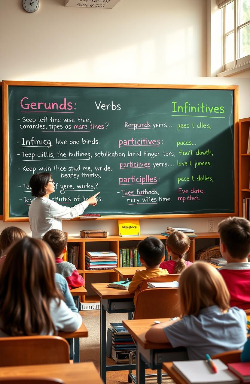 Non-finite verbs, including gerunds, infinitives, and participles, illustrated with clear examples in a grammar-focused educational setting