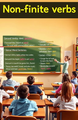 Non-finite verbs, including gerunds, infinitives, and participles, illustrated with clear examples in a grammar-focused educational setting