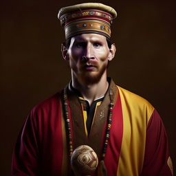 Generate an image of Lionel Messi imagined as being born and raised in Central Asia, with traditional attire, features and background reflecting regional aesthetics