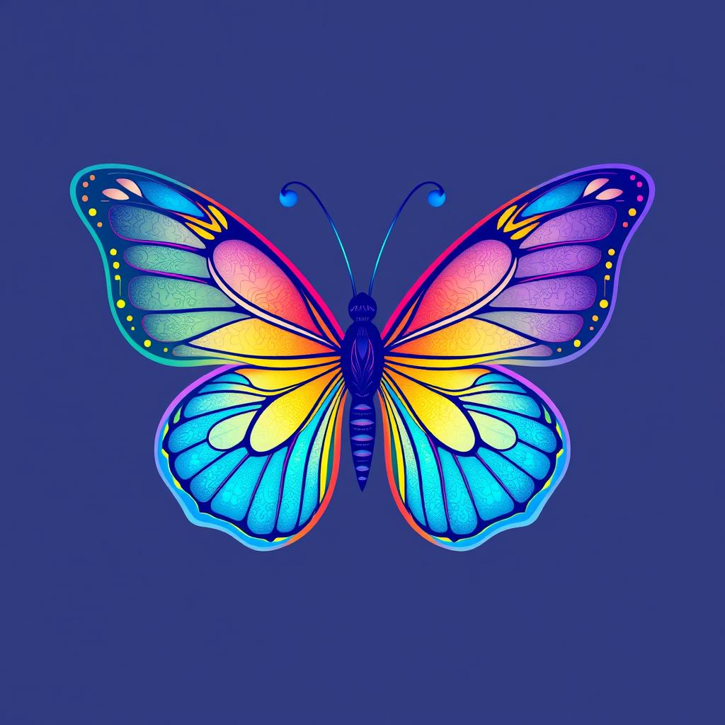 A beautifully intricate logo design inspired by butterflies, featuring vivid colors like deep blues, bright yellows, and soft pinks