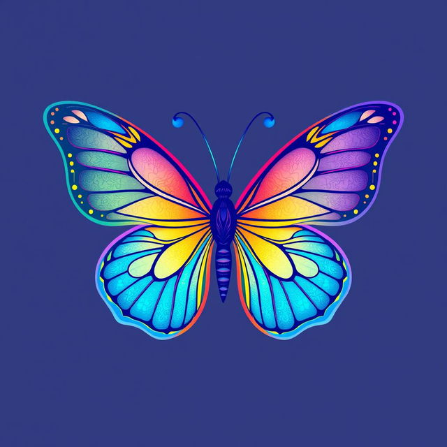 A beautifully intricate logo design inspired by butterflies, featuring vivid colors like deep blues, bright yellows, and soft pinks