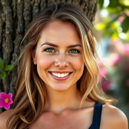 A full-length photo of a woman aged 30-35 with a natural appearance, showcasing minimal makeup and well-groomed hair
