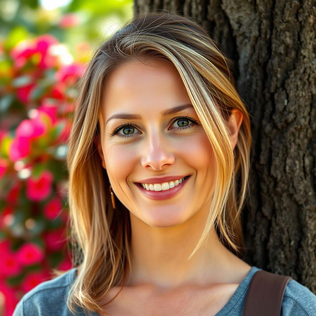 A full-length photo of a woman aged 30-35 with a natural appearance, showcasing minimal makeup and well-groomed hair