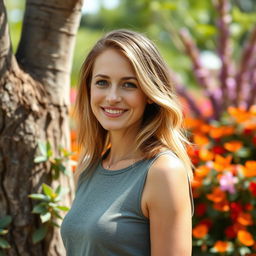 A full-length photo of a woman aged 30-35 with a natural appearance, showcasing minimal makeup and well-groomed hair