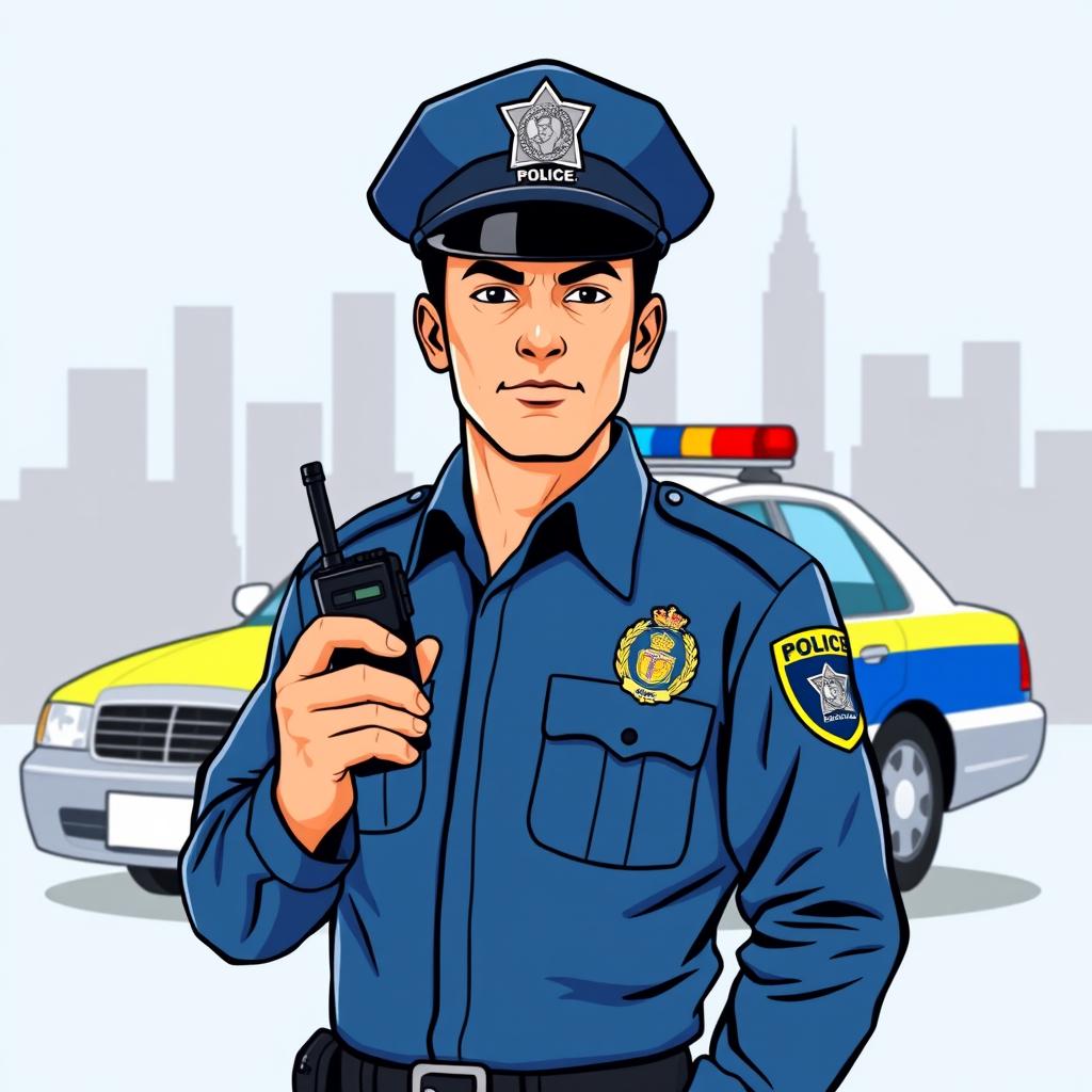 A vector graphic illustration of a police officer, wearing a classic blue police uniform with a badge, a peaked cap, and holding a walkie-talkie