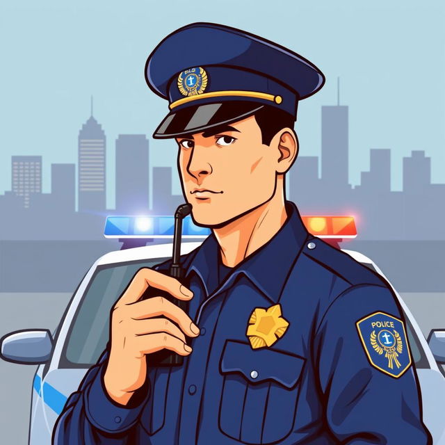 A vector graphic illustration of a police officer, wearing a classic blue police uniform with a badge, a peaked cap, and holding a walkie-talkie