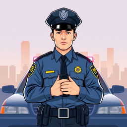 A vector graphic illustration of a police officer, wearing a classic blue police uniform with a badge, a peaked cap, and holding a walkie-talkie