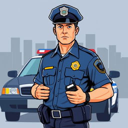 A vector graphic illustration of a police officer, wearing a classic blue police uniform with a badge, a peaked cap, and holding a walkie-talkie