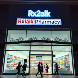 An exterior view of a pharmacy named 'Rx2alk Pharmacy' with a beautiful and large facade
